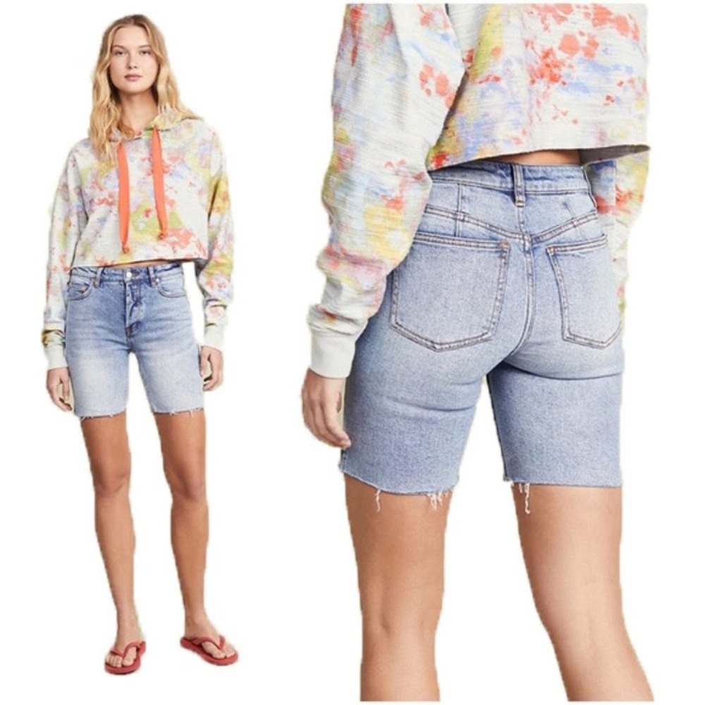 Free People Bermuda Shorts Avery Denim Jean Blue Boho Stretch Frayed Hem New 26